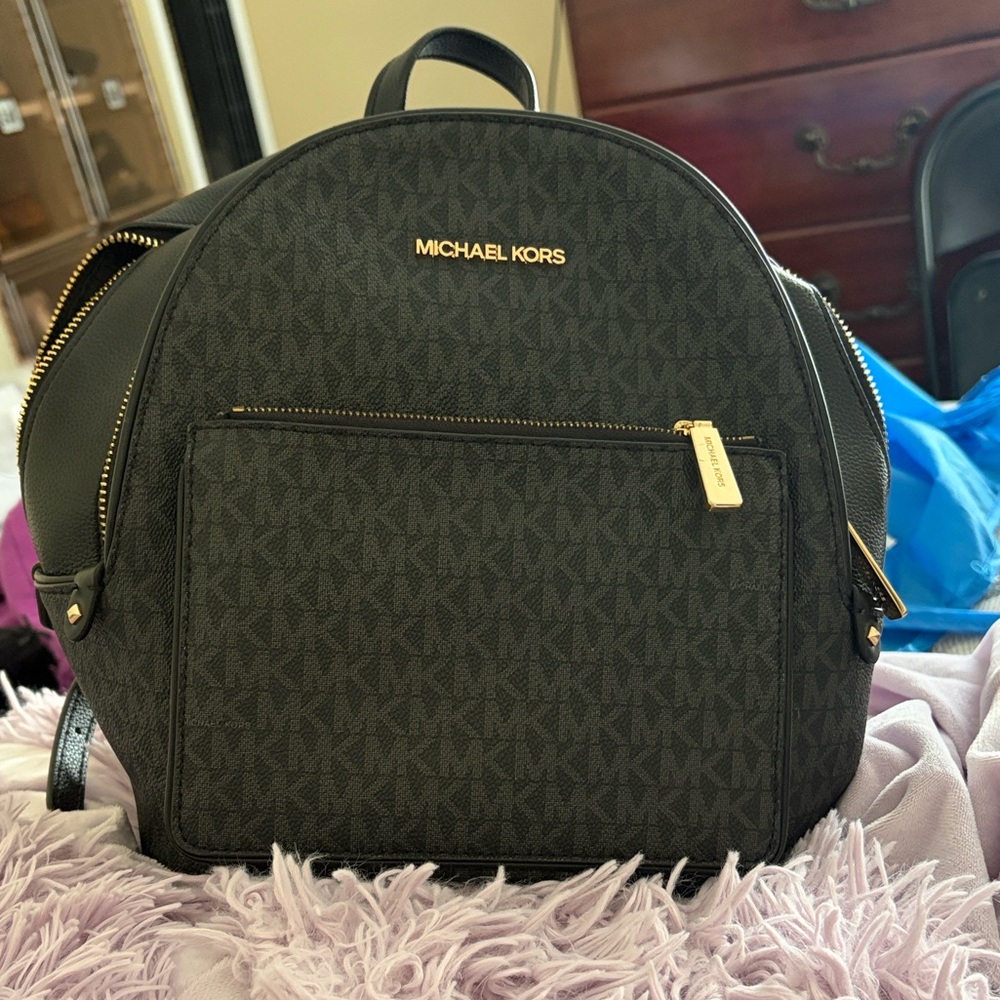 Michael Kors Black MK Logo Dome Backpack with Gold Hardware